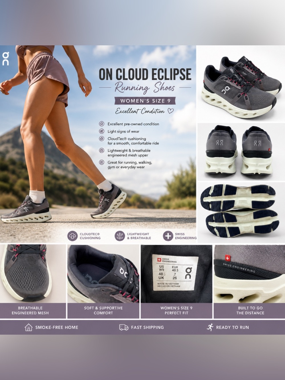 On Running Women's Cloud Eclipse Running Shoes - Gray with White Soles